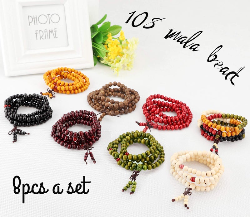 LOYALLOOK 8Pcs 108 Mala Bead Bracelets 8MM Tibetan Buddha Wood Beaded Sandalwood Link Wrist Necklace Chain Bracelets Multilayer Buddhist Prayer Strand Bracelet Meditation Necklace Elastic Chinese Knot - Image 2